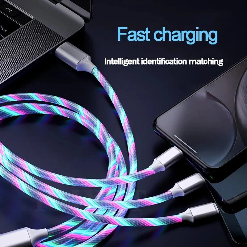 3IN1 Metal Streamer Cable Is Suitable for Apple Android Type C Mobile Phone One Split Three Fast Charging Luminous