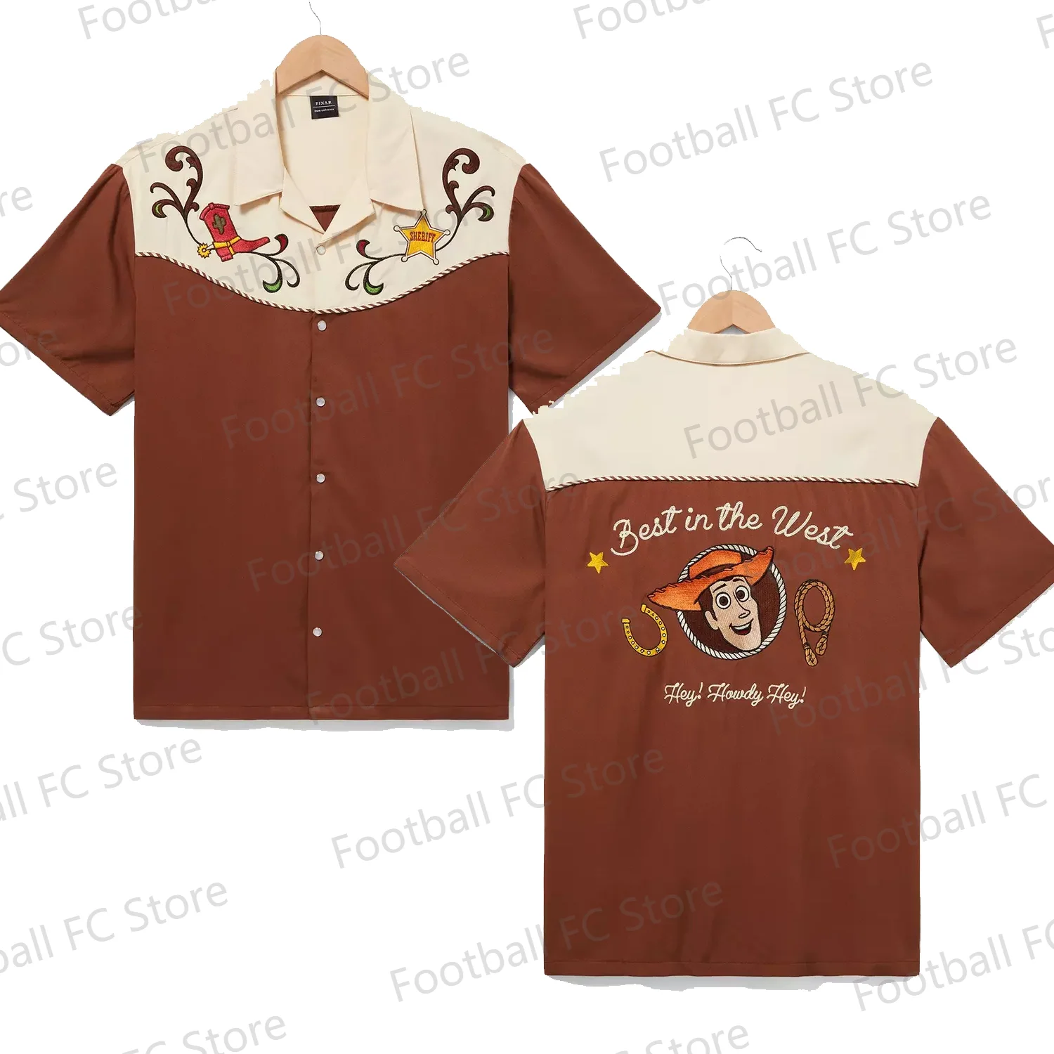 2024 New Summer Swimsuit Seaside Disney Pixar Toy Story Sheriff Woody Western Button-Up Tops