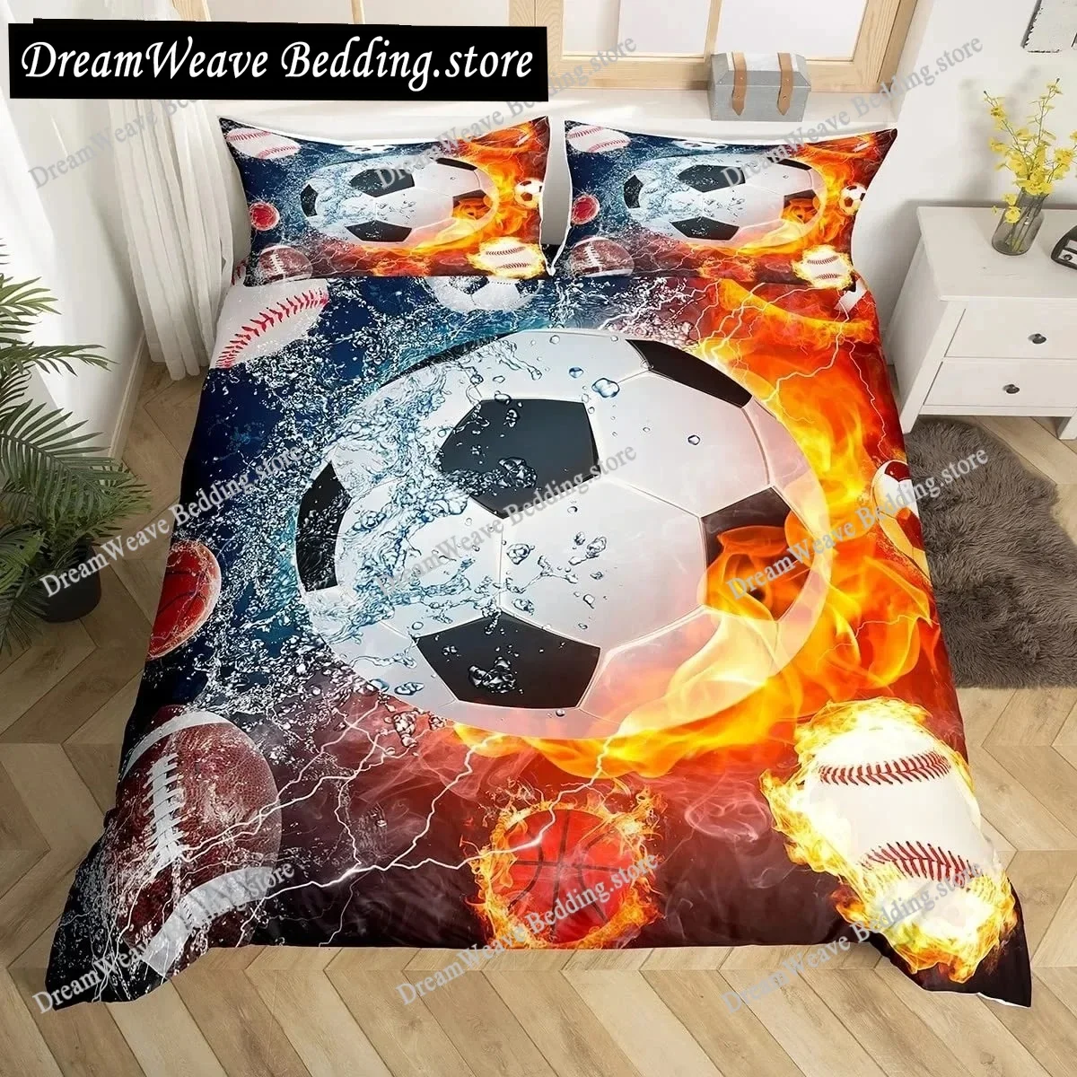 

3D Football King Queen Duvet Cover Soccer Bedding Set for Kids Teens Boys Ball Sports White Red Polyester Quilt Cover