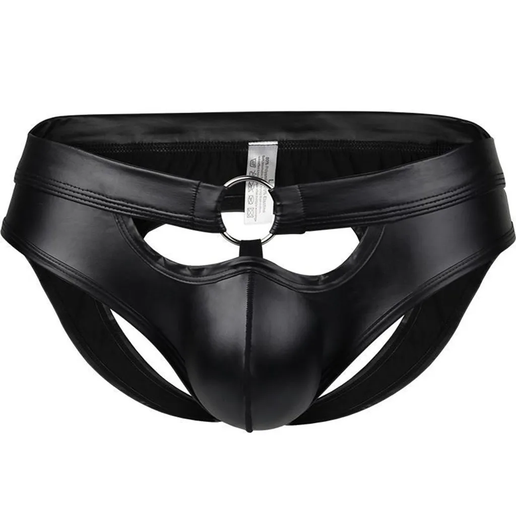 Sexy Patent Leather Hollow Ring Briefs Men\'S Underwear Underpants Low Waist Erotic Lingerie For Sex U-Convex Men Intimate Briefs