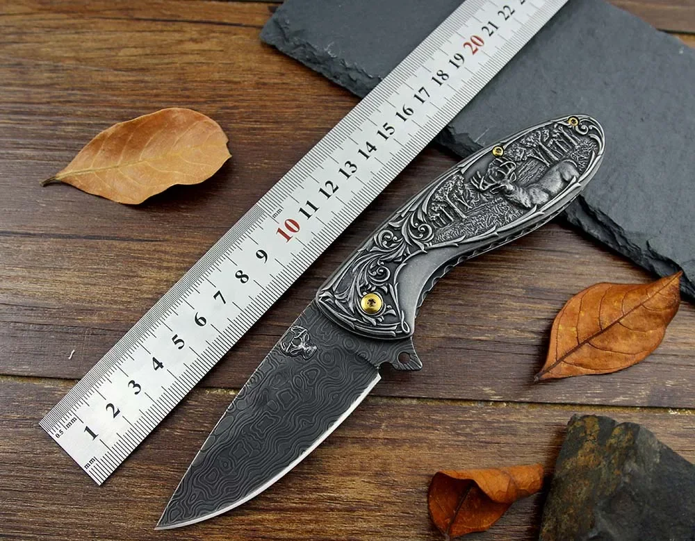 Tactical Folding Blade Utility Knife - Stonewash 3d Deer Engraved Collection Knife