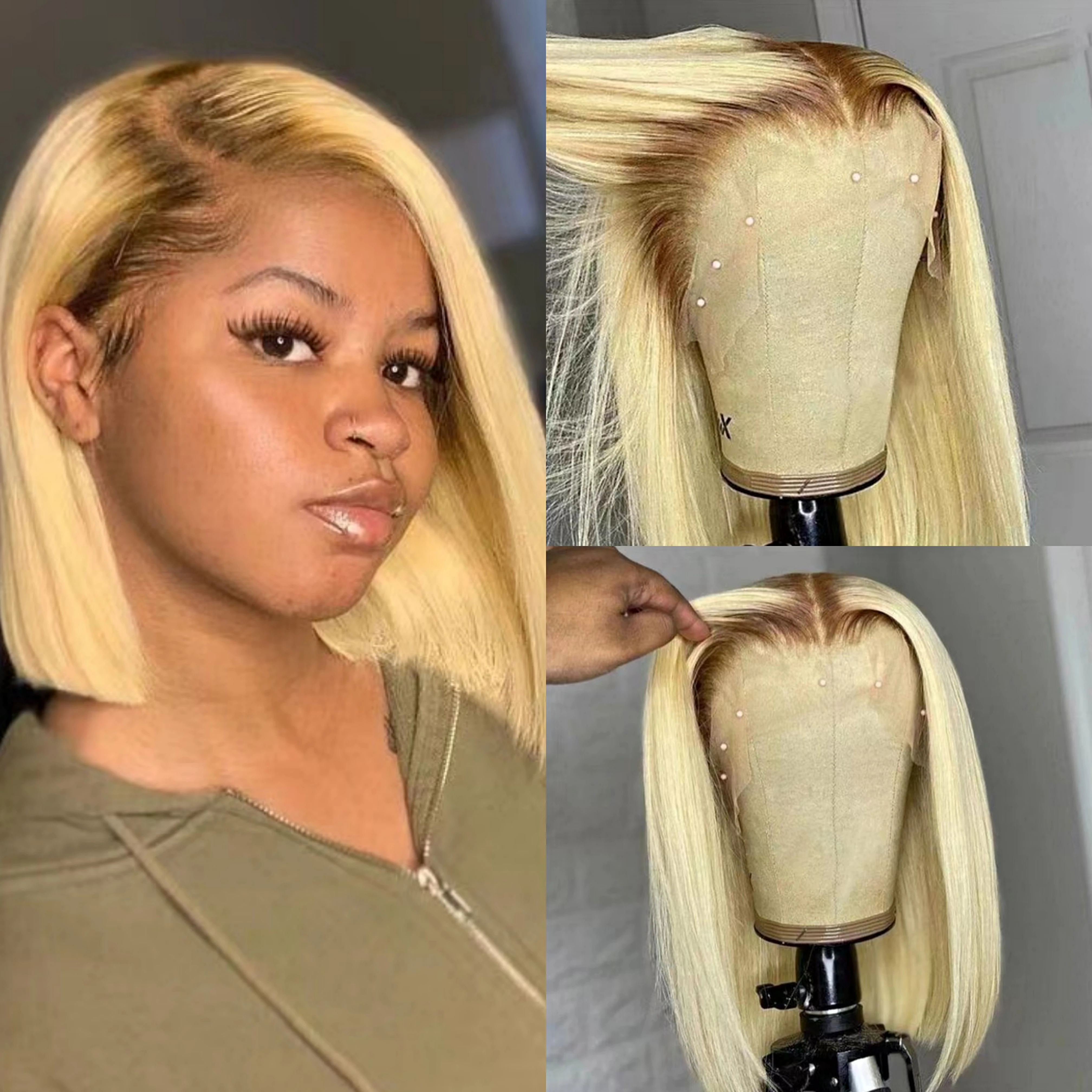 

100% человеческие волосы Ombre Blonde Короткий прямой парик Боб 13x4 Кружева Фронтальная часть Темные корни 180 Плотность Бесклеевой парик из человеческих волос для женщин