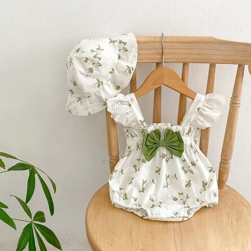 

INS летний комбинезон для маленьких девочек, боди с оборками и рукавами, комбинезон с бантом, шляпа, хлопковая одежда из 2 предметов, одежда принцессы для новорожденных на день рождения