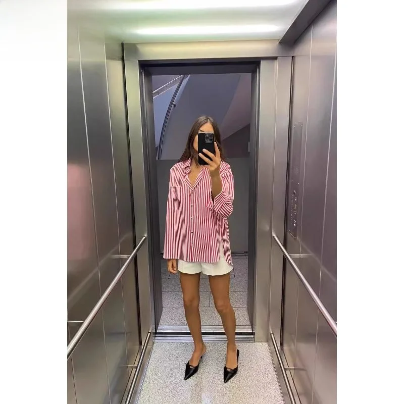 Summer 2024 Loose Striped irt Women's Faion New Roll up Sve  Wind irt Long Sve Button Closure Regular Length