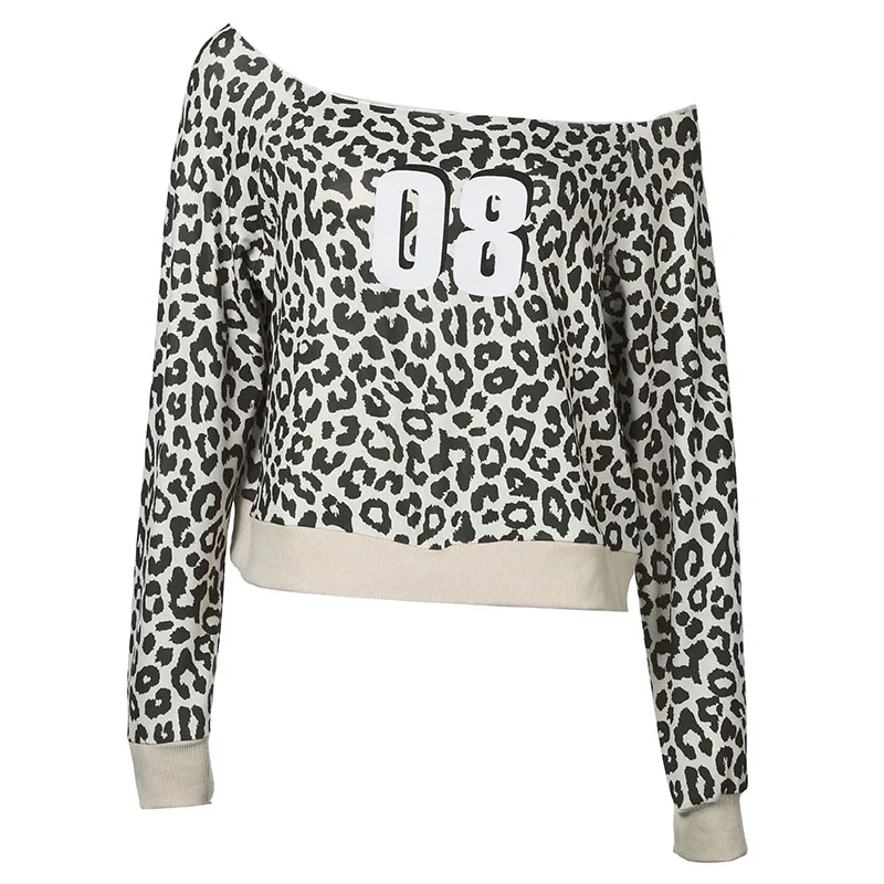 BIIKPIIK Fashion Digital Leopard Hoodies Streetwear Patchwork Skew Collar Long Sleeve Pullovers Autumn Winter Women Sweatshirts
