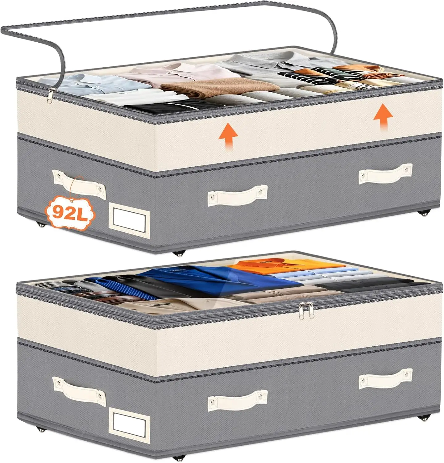 

Набор из 2 органайзеров для хранения под кроватью на колесиках, регулируемая высота 6-10 дюймов, 92 л, прозрачные крышки, для обуви и одежды (серый)