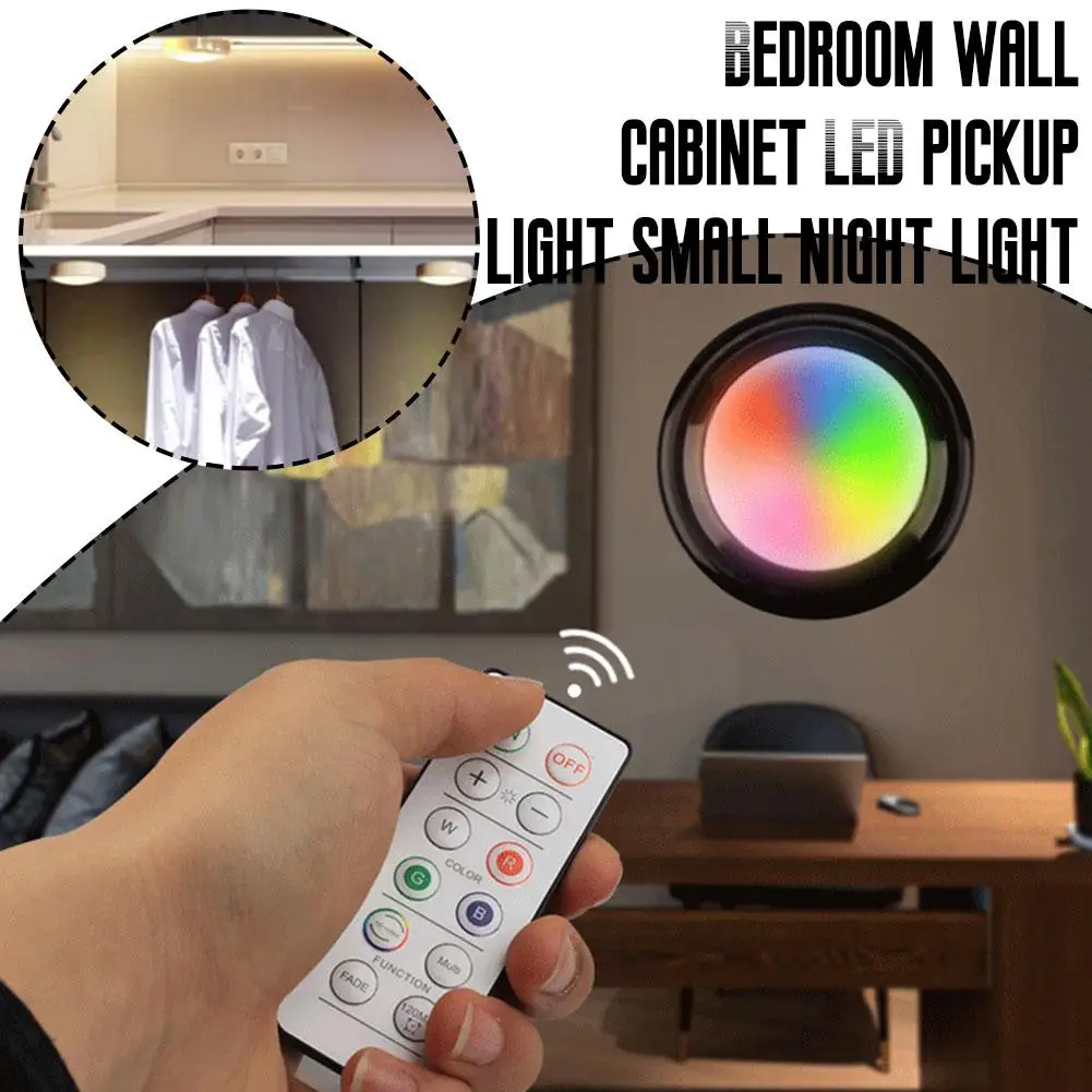 Night Light LED Pickup Light LED Cabinet Light RGB Battery Remote Nightlight Lamp Powered Control Dimmable Multicolor Puck D7Q7