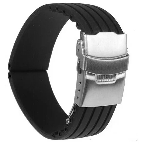 

18mm Black Silicone Watch Strap Waterproof Durable Stripes Pattern Stainless Steel Clasp Safety Catch Quick Release Sports Band