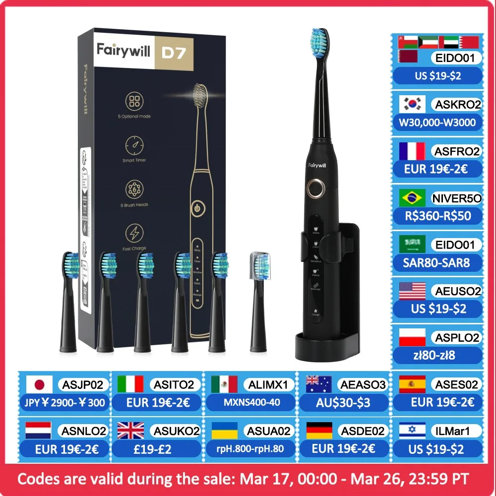 Fairywill Electric Sonic Toothbrush USB Charge FW-507 Rechargeable Waterproof Electronic Tooth Brushes Replacement Heads Adult