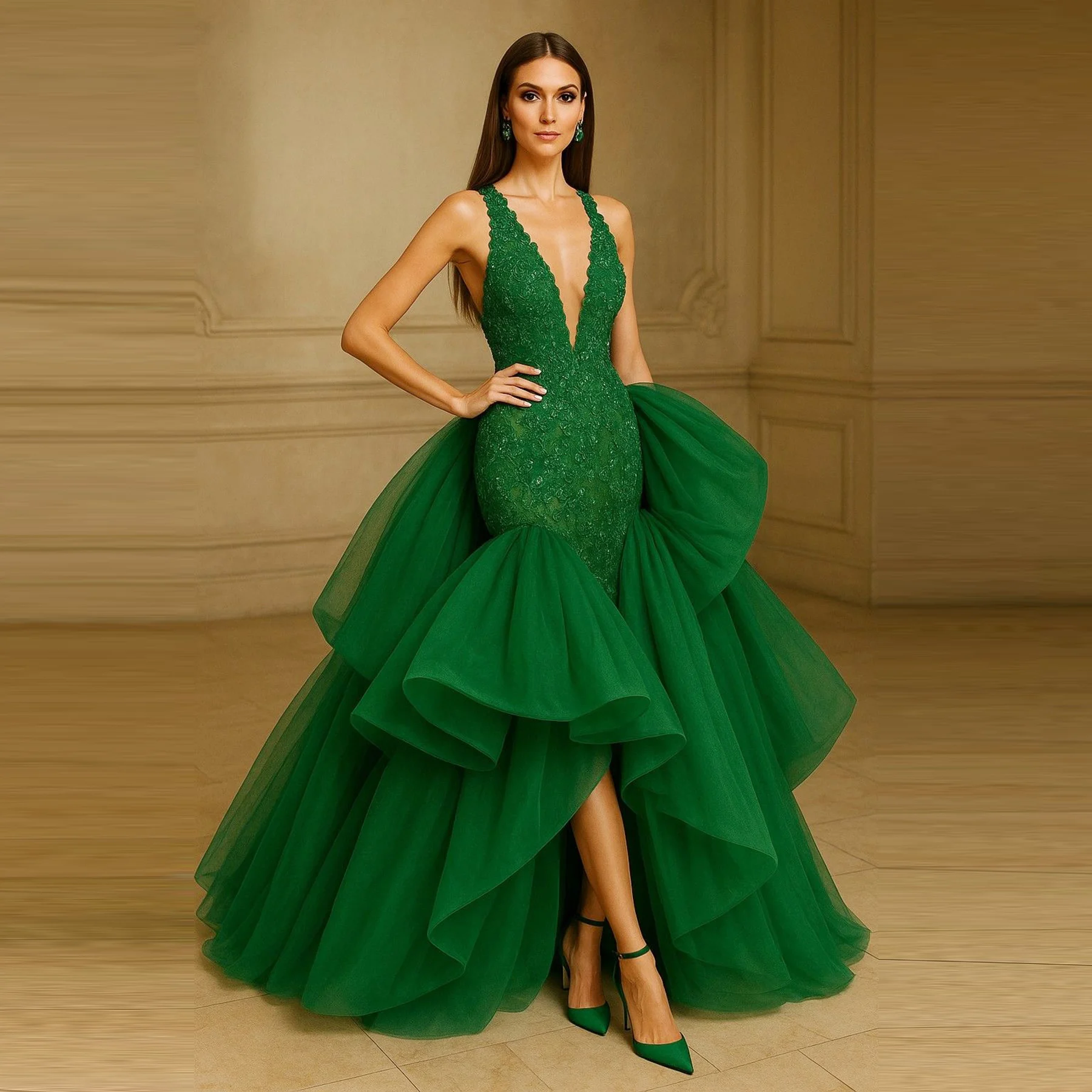 

Зеленое кружевное вечернее платье с глубоким V-образным вырезом и оборками, тюлевое платье трапециевидной формы для выпускного вечера, женское вечернее платье Robe De Soiree