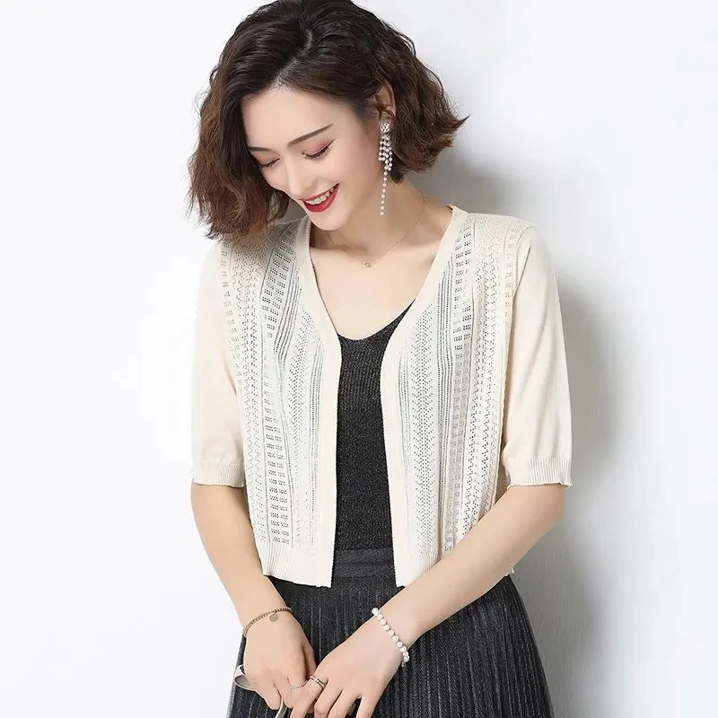 Women\'s Ice Silk Knitted Cardigan Summer New Solid Color Hollow V-Neck Loose Middle Sleeve Short Shawl Ropa De Mujer Ofertas