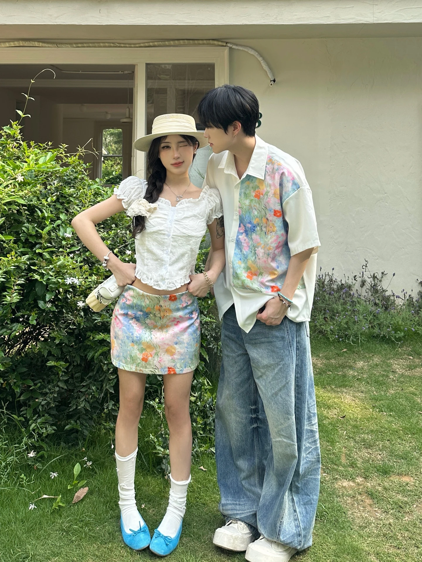 Summer Vacation Couple Outfit Short Sleeve Slim Fit Shirt Waist Cinched High Waist Half Body Skirt Two Piece Set French Style...
