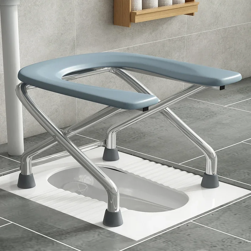 Black U-Shape Toilet Stool Folding Bathroom Chair Anti-Skid Footrest Stainless Steel Bath Seat for Elderly Bathroom