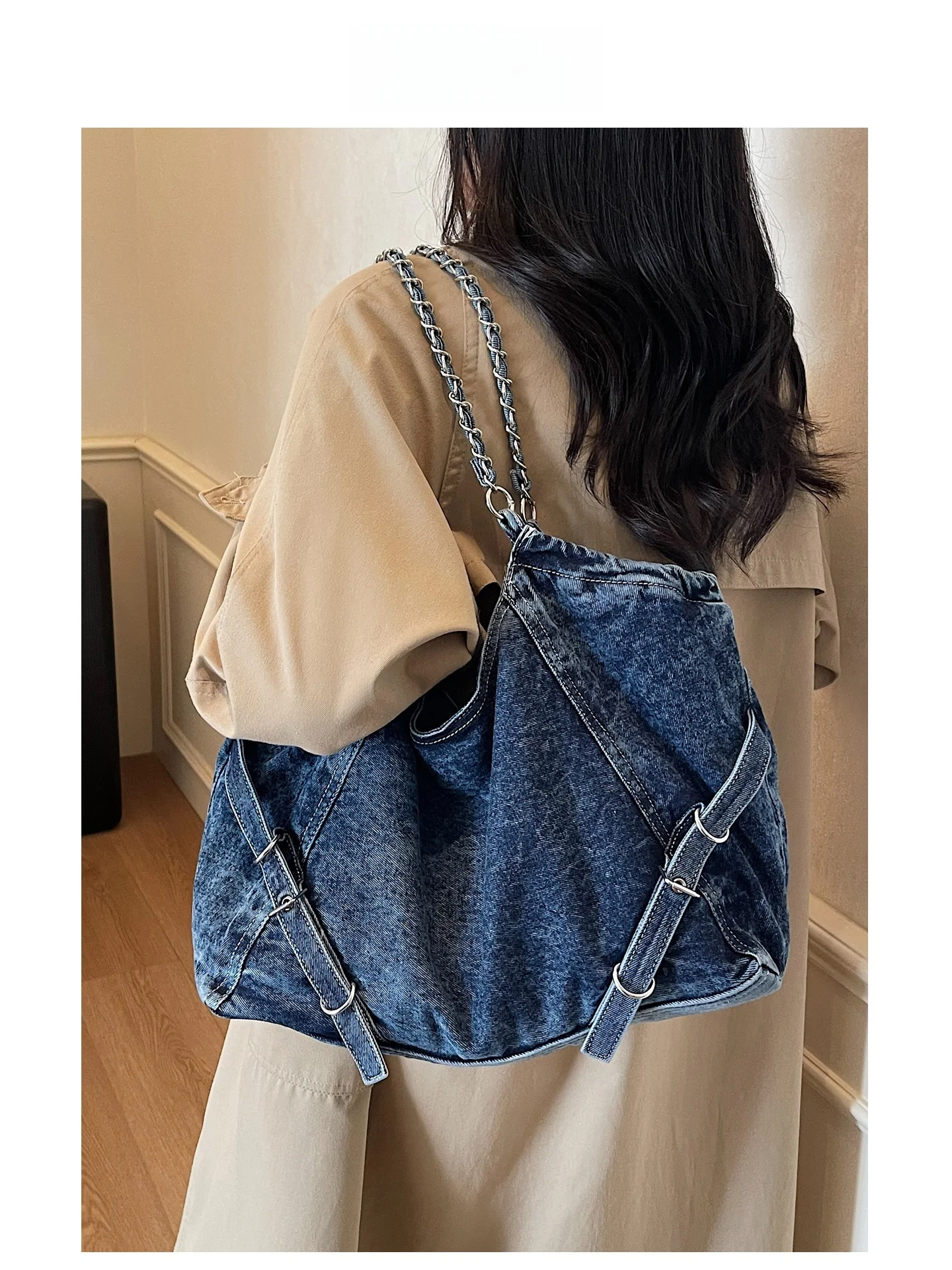 

Повседневная джинсовая сумка через плечо для женщин, большая вместительная сумка-тоут 2026 года, новая осенне-зимняя модель с цепочкой, для отдыха и учебы