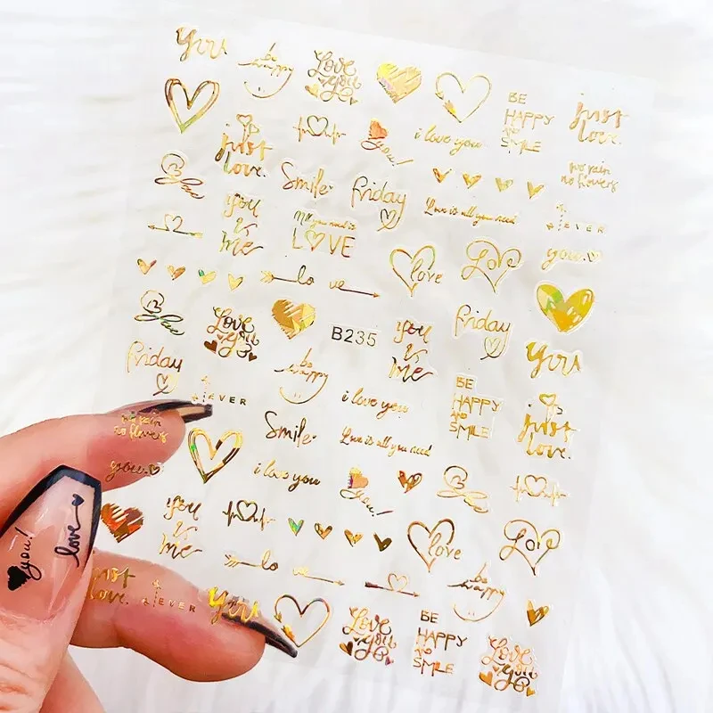 6Pcs/Pack Laser Gold Silver 3D Nail Art Stickers Love Heart Letter Image Nail Decoration Ins Style Sticker DIY Foils Akcesoria