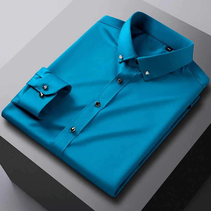 Chemise à manches longues pour hommes, en soie de mûrier, boutons en diamant, extensible, confortable, sans fer, pour jeunes d'affaires, Slim, décontracté, nouvelle collection 2024