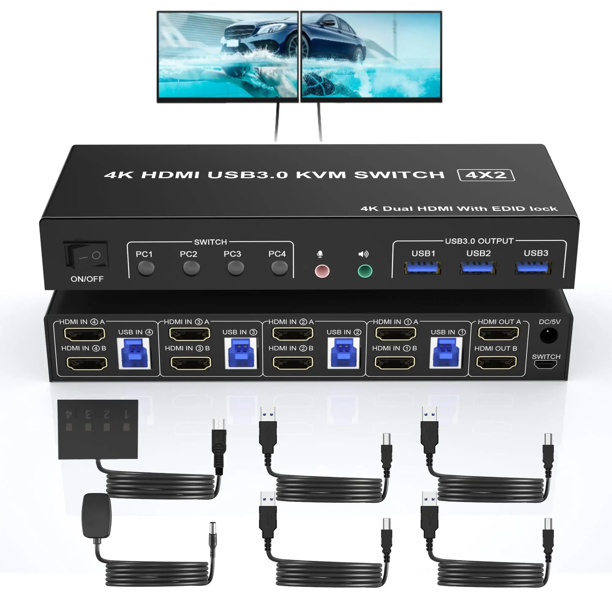 

4 Port HDMI USB 3.0 KVM Switch 4X2 Dual Monitor 4K@60Hz Extended Display DP KVM Switch 4 In 2 Out for 4 PC Share Keyboard Mouse