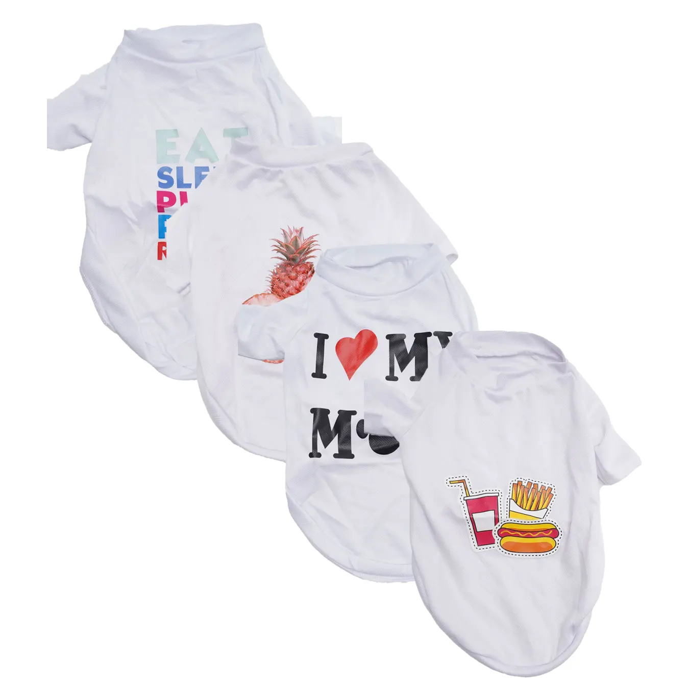 Paquete de 4 camisetas finas de malla transpirable, corazón, piña, patatas fritas, patrón de Coca-Cola, pantalones cortos estampados de dos patas, camisetas informales
