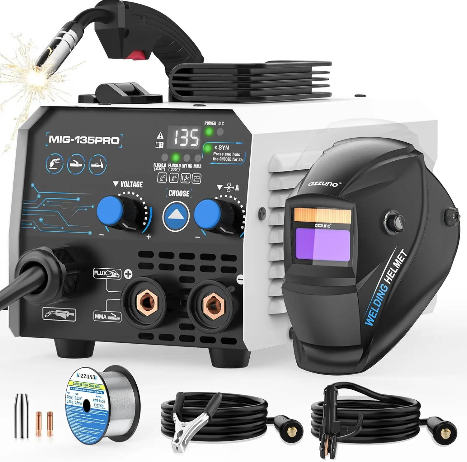 

135A 3-in-1 MIG Welder Machine 110V, Flux Core Gasless Welder/Lift TIG/Stick Welding Machine with Auto Darkening Welding Helmet
