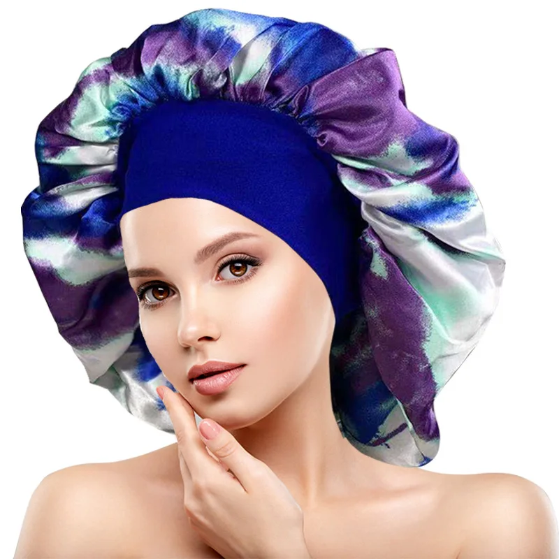 Women Sleeping Hat Night Sleep Cap Hair Care Bonnet Nightcap Color Satin Printing Hair Cap  Chemo Hat for Washing Face Make-up