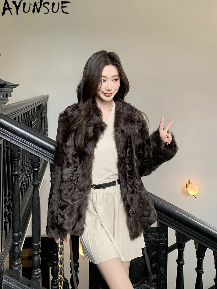 AYUNSUE 2025 신상 양면 시어링 재킷 여성 숏 럭셔리 천연 양털 재킷 여성 의류 겨울 여성복