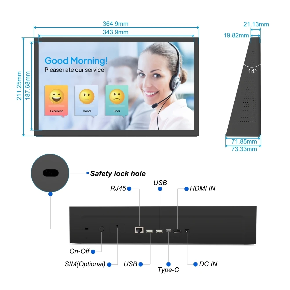 15.6'' Desktop Type Digital Signage RK3576S Android15 4+64G RJ45 POE NFC RFID For Restaurant/Hotel/Government Evaluation Screen