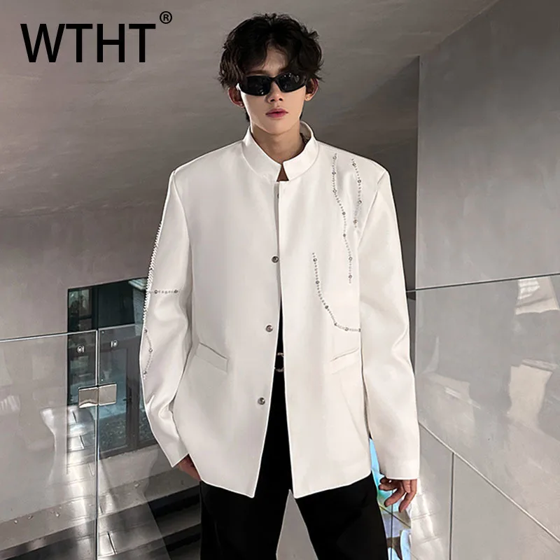 

WTHT модный осенний мужской однотонный свободный пиджак с бусинами 2021, модные мужские куртки с воротником-стойкой в китайском стиле 2A2216