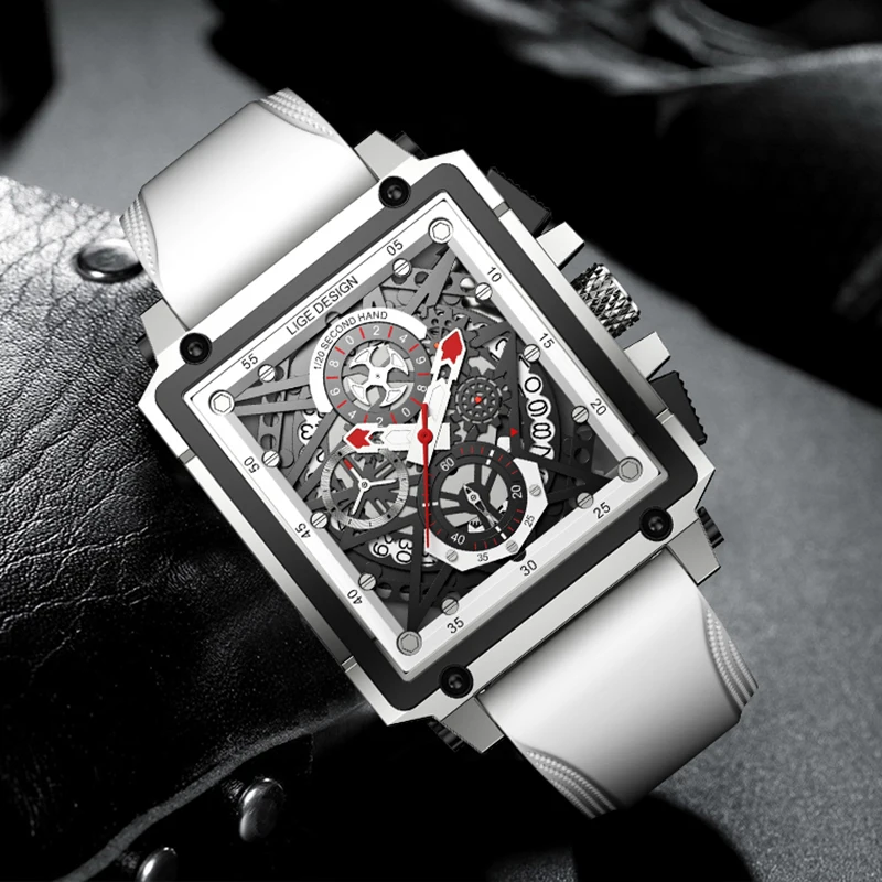 LIGE Creative Hollow Square Watch Men Fashion White Silicone Waterproof Luminous Quartz Wristwatch Sport Chronograph Clock Male