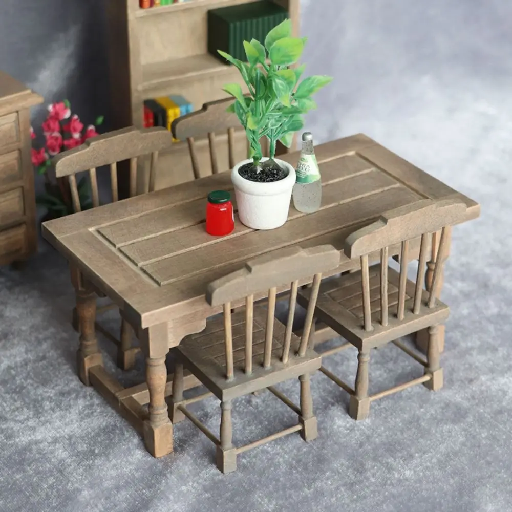 1/12 Mini Dollhouse Miniature Mini Wooden Desk Dining Table Chairs Simulation Furniture Model Toys for Doll House Decorations