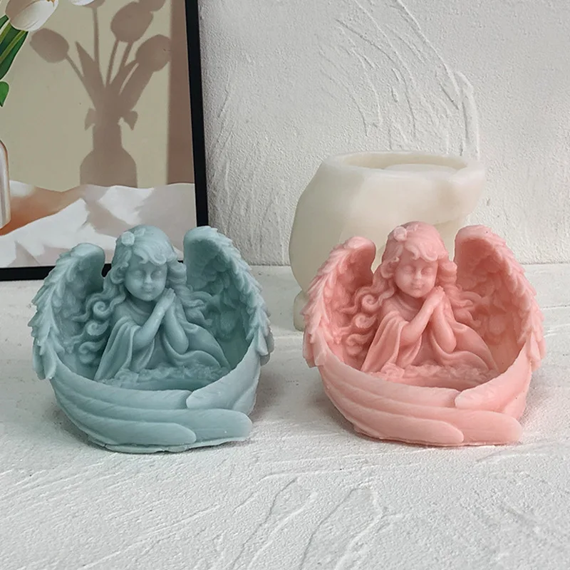 

Girl Angel Candlestick Silicone Mold Cute Angel Baby Sculpture Candle Tealight Holder Concrete Crystal Molds DIY Memorial Gifts