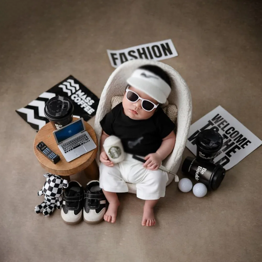 Clothes for Baby Boy Short Sleeve Pants Knitted Hat Sports Set Golf  Club Photography Props Studio Golf Sports Photoshoot Theme