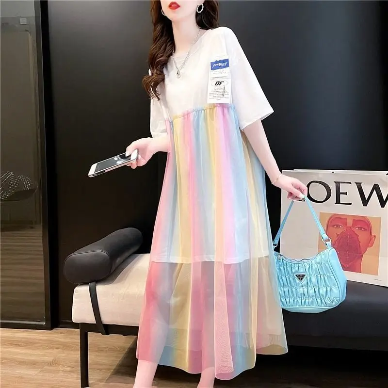 Casual Patch Designs Dresses Summer New Stylish Gauze Rainbow Color Spliced Women\'s Clothing A-Line Korean Round Neck Midi Dress