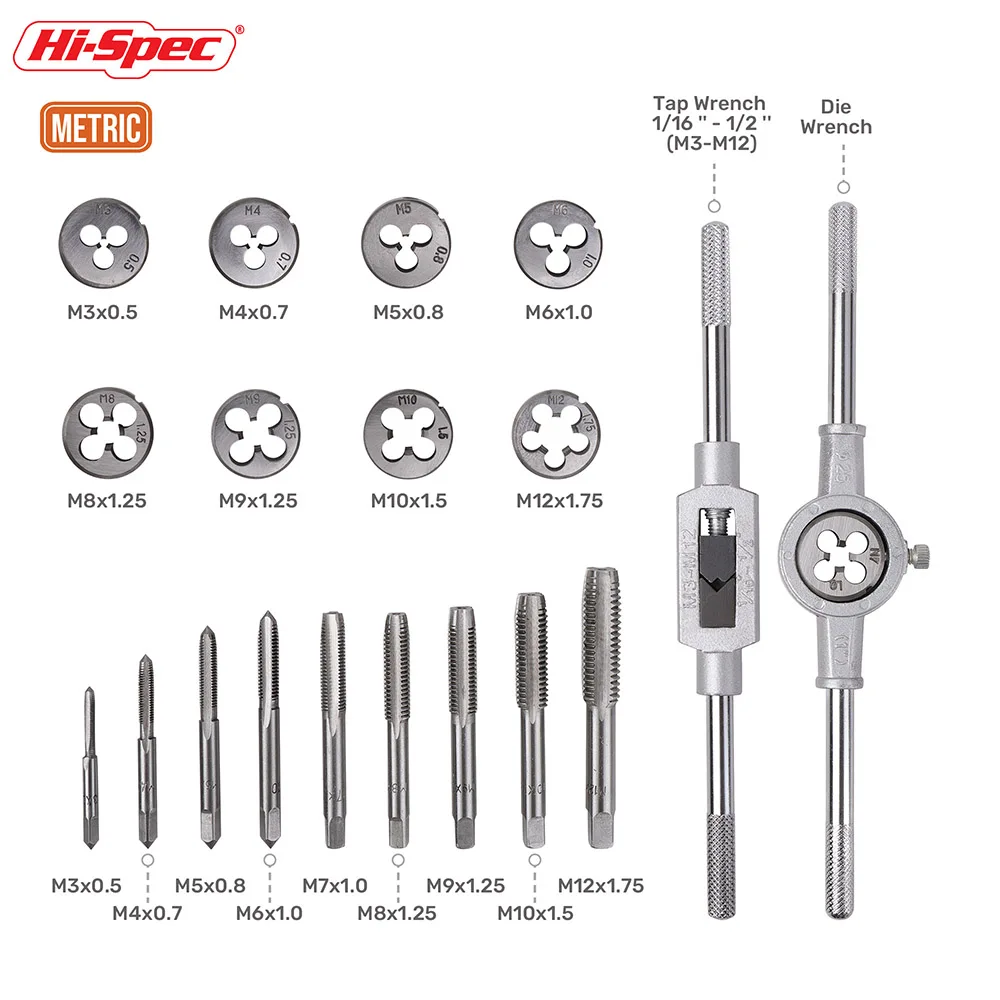 Hi-Spec 12/20PCS M3-M12 Metrisches Gewindebohrer- und Matrizenset für die Metallbearbeitung, metrische Gewindebohrerplatte, Zähne, Schraubgewindestopfen, gerade Handwerkzeuge