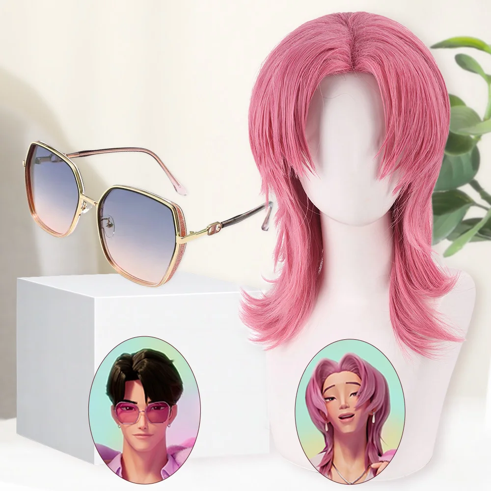 

KPop Demon Hunters Cosplay Wigs Sajaboys Romance Pink Wigs Man Stage Performance Costume Accessories Gradient Colored Sunglasses