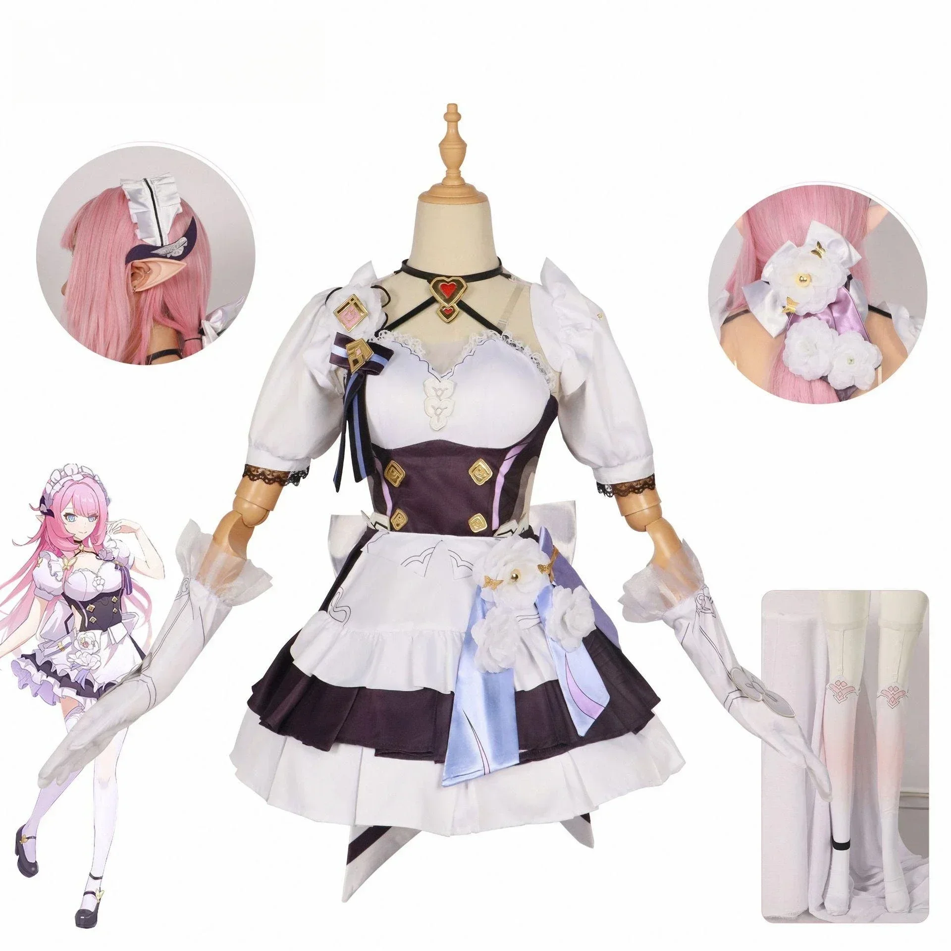 Elysia traje cosplay para mulheres, roupa de empregada, jogo anime, honkai impact, vestido de halloween