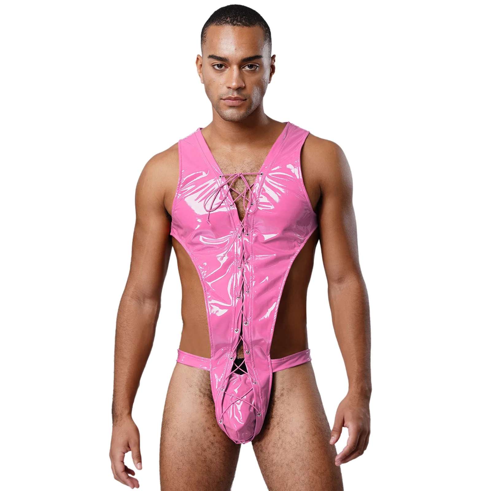 

Mens Latex Leather Bodysuit Lingerie Sleeveless Hollow Out Lace-up Pouch Thong Teddies Jumpsuit Rave Party Nightwear Clubwear