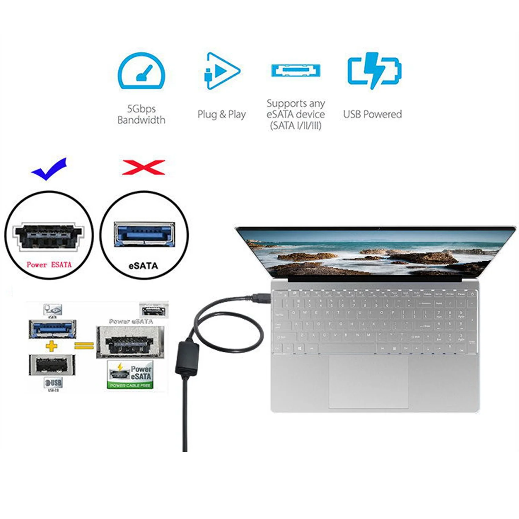 New Power over ESATA DC 5V Power to USB 3.0 Adapter USB3.0 to HDD/SSD/ODD ESATA Power Converter Cable 1M