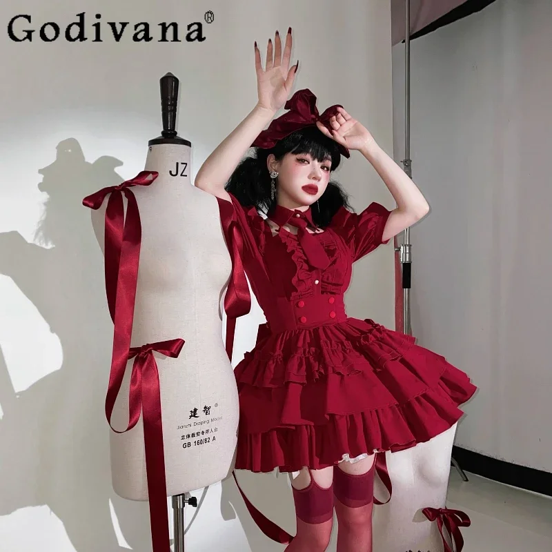 IMU Subculture Gothic Y2k Red Strap Skirt Shirt Set Hot Girl Slim-Fit Elegant Cos Cake Skirts Women's Lolita Long Sleeve Elegant