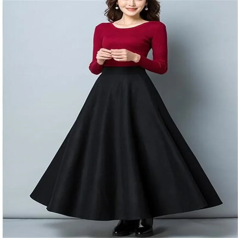 Winter Women Long Woolen Skirt Fashion High Waist Basic Wool Skirts Female Casual Thick Warm Elastic A-Line Maxi Skirts O8399