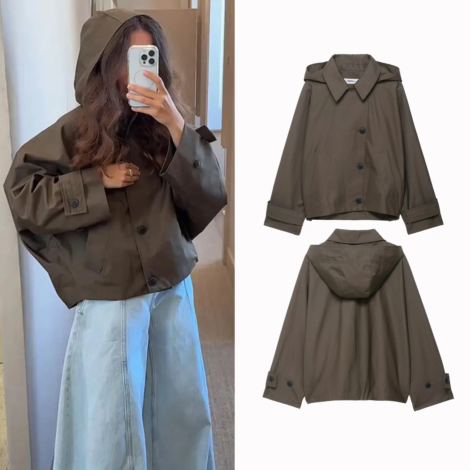 

2025 Women Oversized Jacket Autumn Fashion Hooded Vintage Women's Trench Coat Single Breasted Short Windbreaker Outerwear