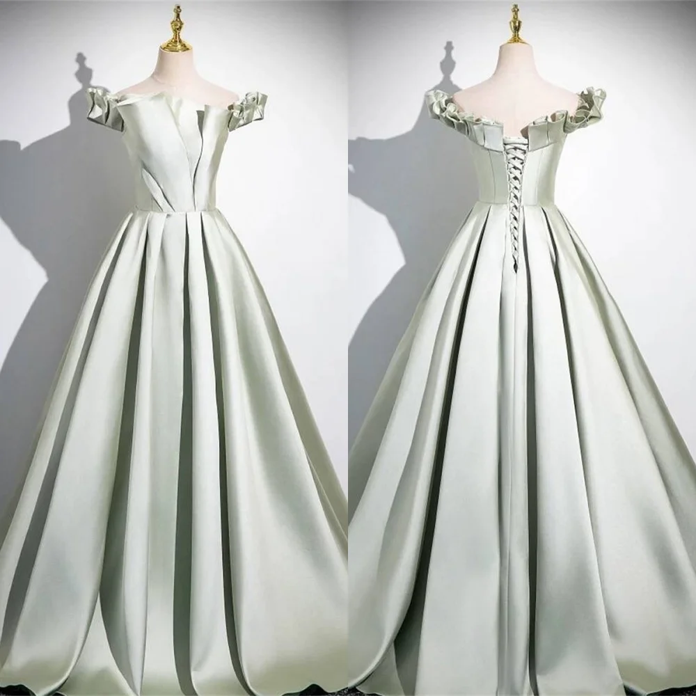 

Customized Elegant Light Green Satin Evening Dress Classic Strapless Off the Shoulder Sleeveless Lace Up Back Wedding Dress