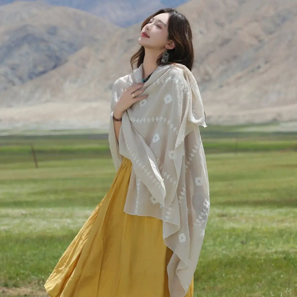 

Универсальный длинный шарф с вышивкой цветов, большой, из толстой пряжи, в этническом стиле, богемный хлопковый цветочный хиджаб, весна/лето