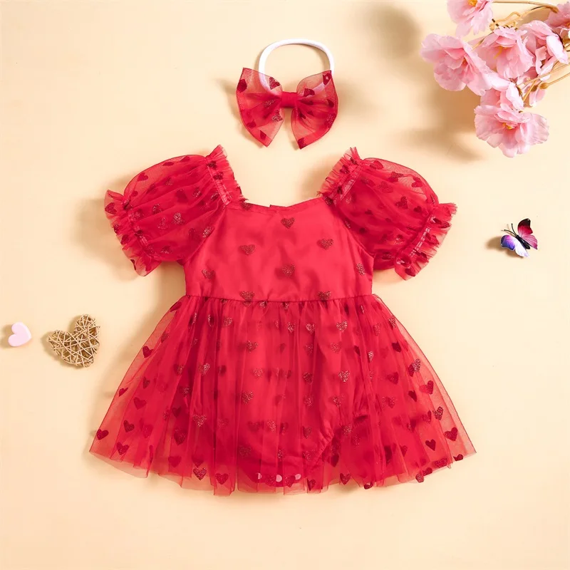 Suefunskry Baby Girl 2 Piece Outfits Valentine\'s Day Heart Print Short Sleeve Mesh Tulle Romper Dress with Cute Headband Set