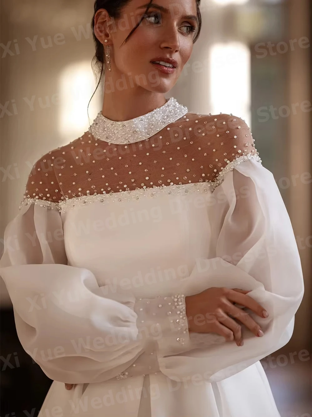 Fascinant une ligne femmes col haut à manches longues robes De mariée Vestido De Novia robes De mariée perles Robe De Mariée personnalisée