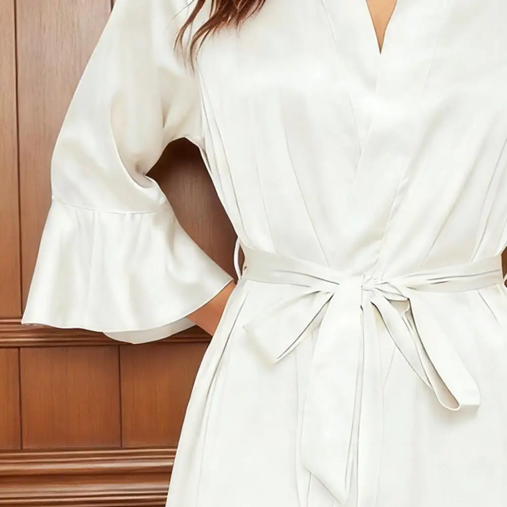 

Women's Satin Robe Short Ruffle Hem Silky Pajamas Lightweight Long Sleeve Kimono Brides Bathrobes Sleepwear Loose Fit Sleepwear