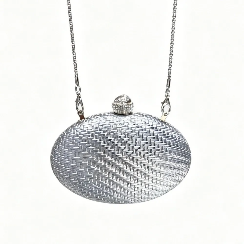 PU Evening Clutch Bag Oval Shape Rhinestone Closure Hard Shell Crossbody Bag Detachable Chain Egg-Shaped Braided Handbag