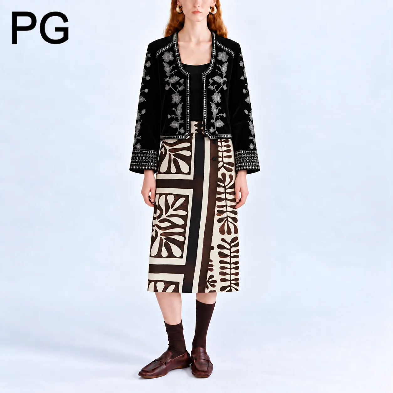 PG Printed Midi Skirt Wrap Front Design Button Detail Straight Cut Art Pattern Casual Holiday Bottoms Daily Wear