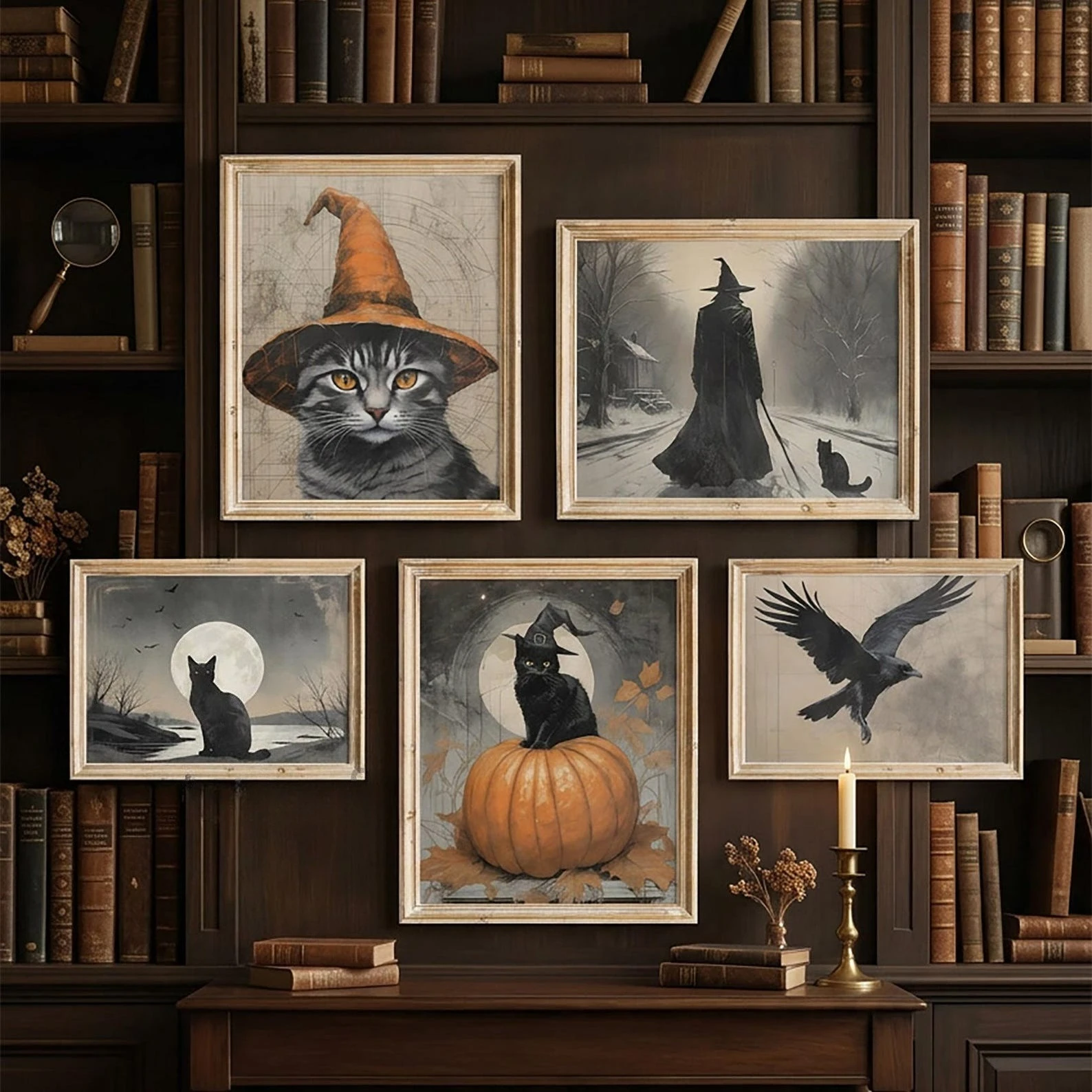 5Pcs Vintage Halloween Witch Cat Crow Canvas Wall Art, Dark Academia Pumpkin Full Moon Print, Gothic Farmhouse Autumn Home Decor