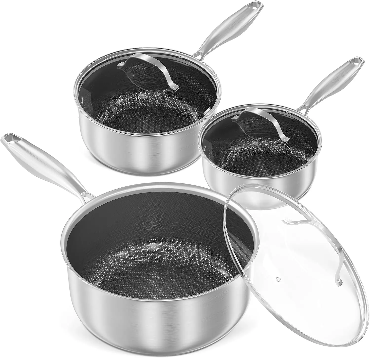 TWISTER.CK 3-Ply Stainless Steel Saucepan Set with Lids, 1.5 Qt, 2.5 Qt & 3 Qt, 6-Piece Induction Sauce Pot Set, Nonstick Sauce Pan Set, Dishwasher Safe, PFOA Free, All Cooktop Compatible