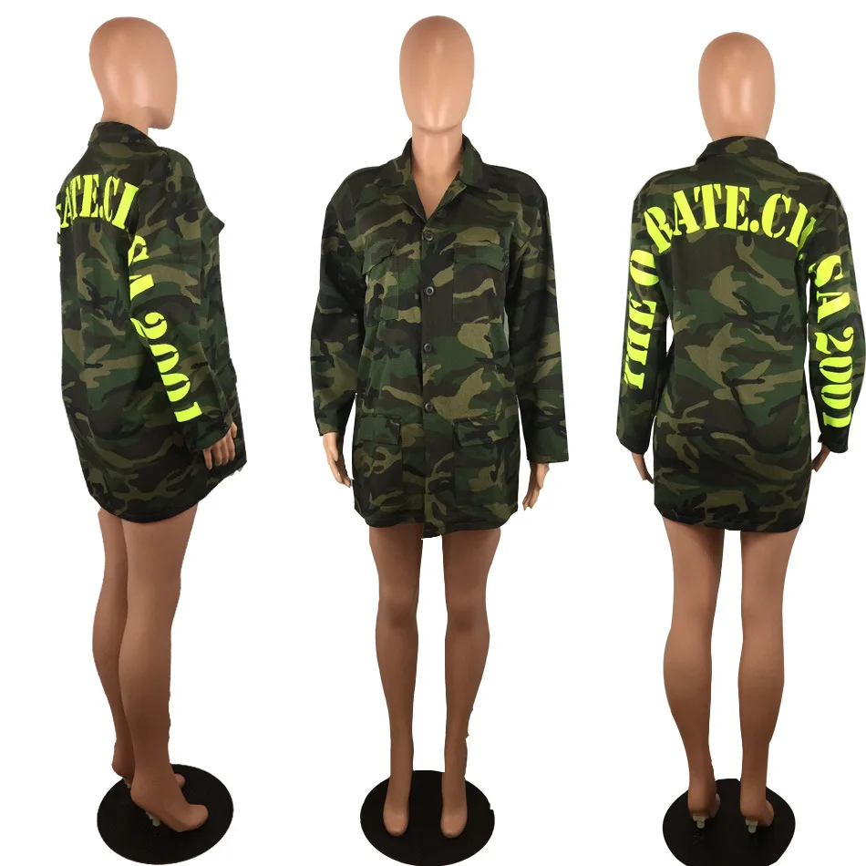 Women\'s Green Camouflage Long Jackets Long Sleeve Camo Streetwear Coat femme